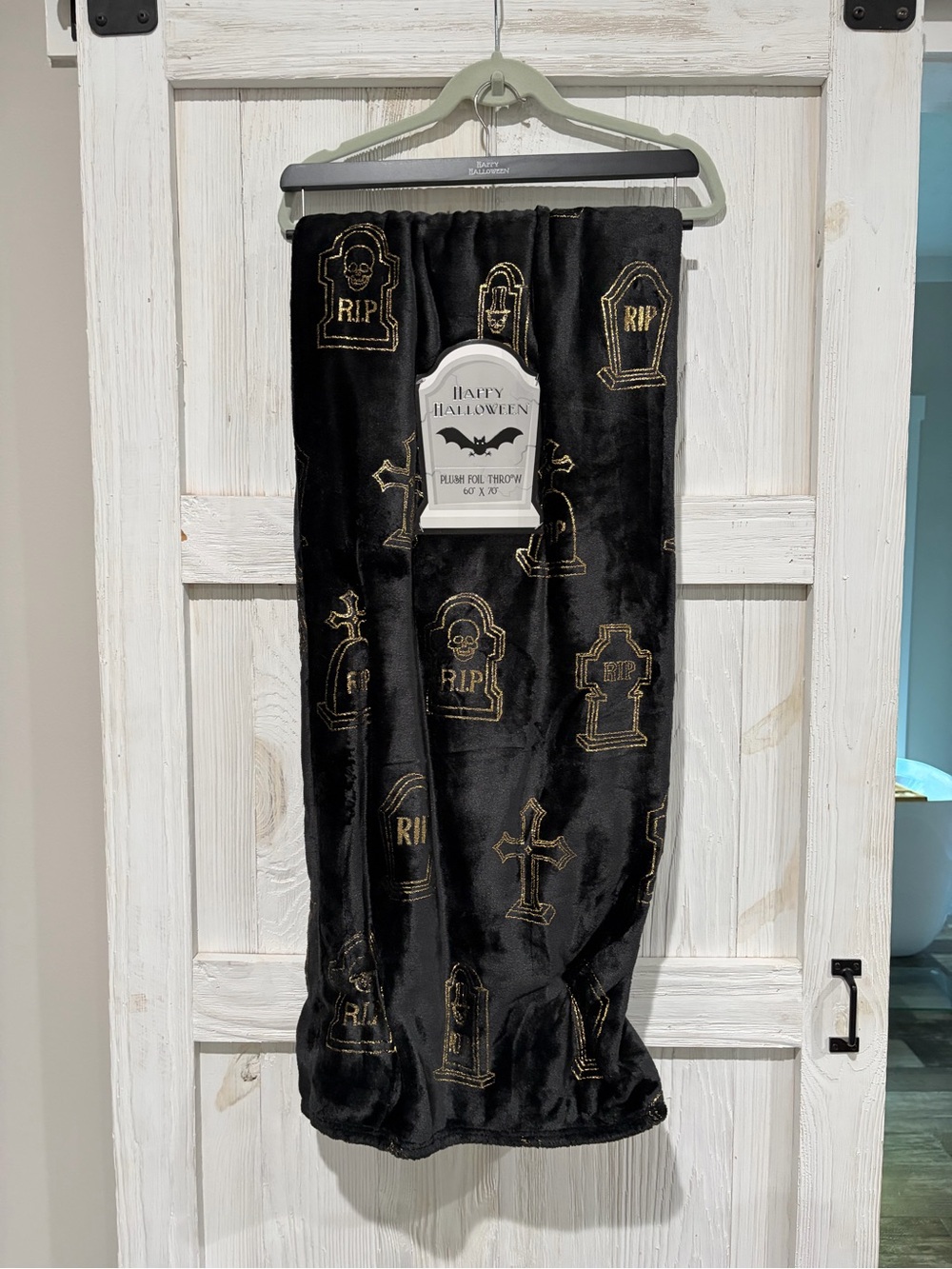 Halloween Black Plush Throw Blanket with Gold Tombstone Motif